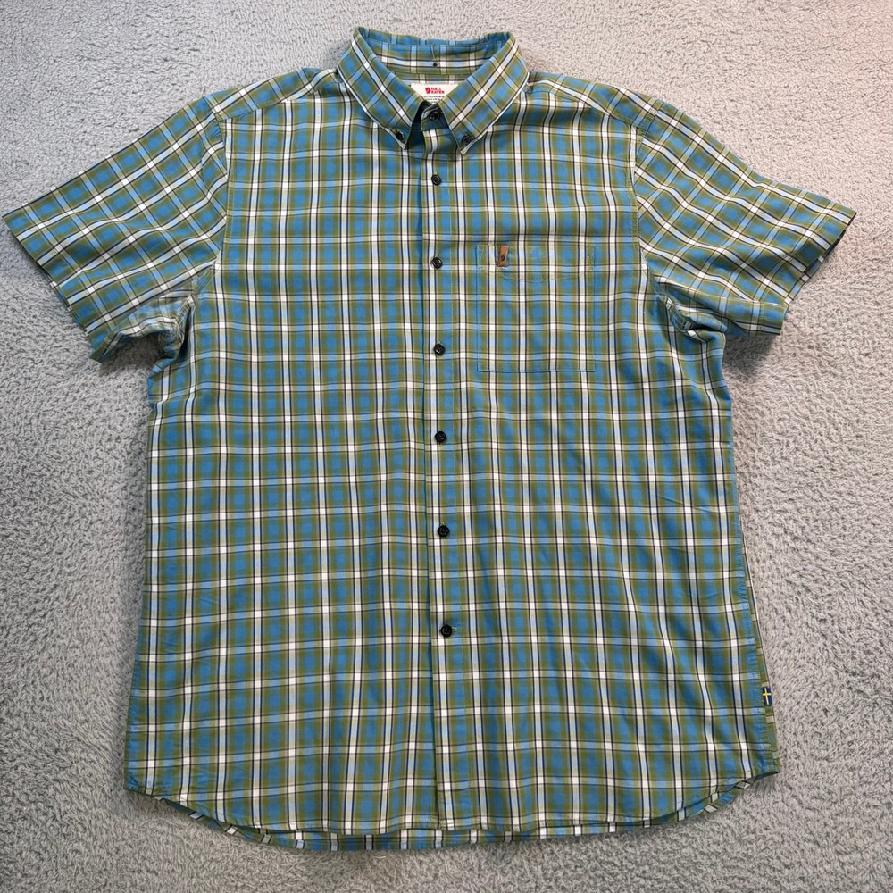 Fjallraven Mens XL Regular Fit Plaid Short Sleeve Button Down Shirt Blue Green